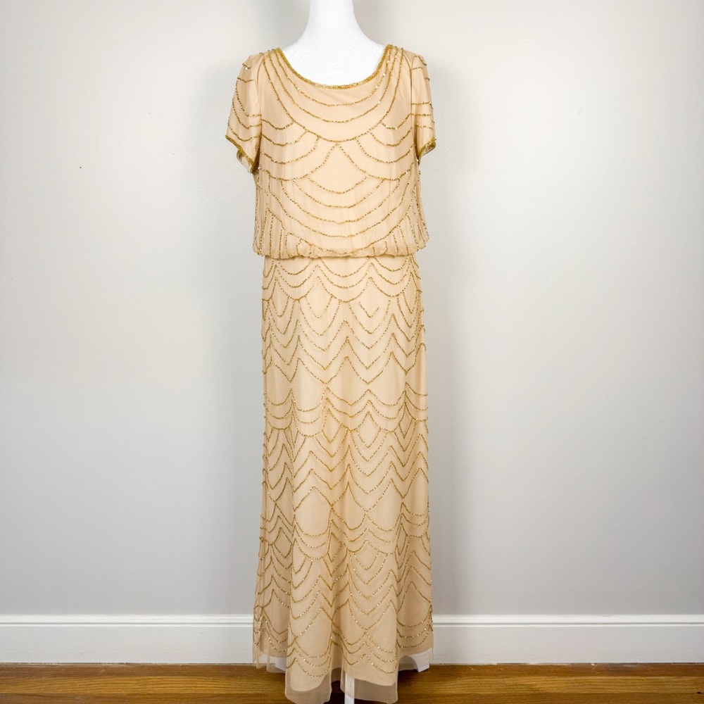 Adrianna Papell Short Sleeve Art Deco Beaded Blouson Gown in Rose Gold Size 12